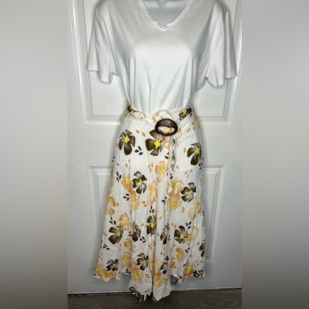 Women's Long Full Crinkle Cotton Skirt & Coconut Shell Buckle. Beautiful Long, L